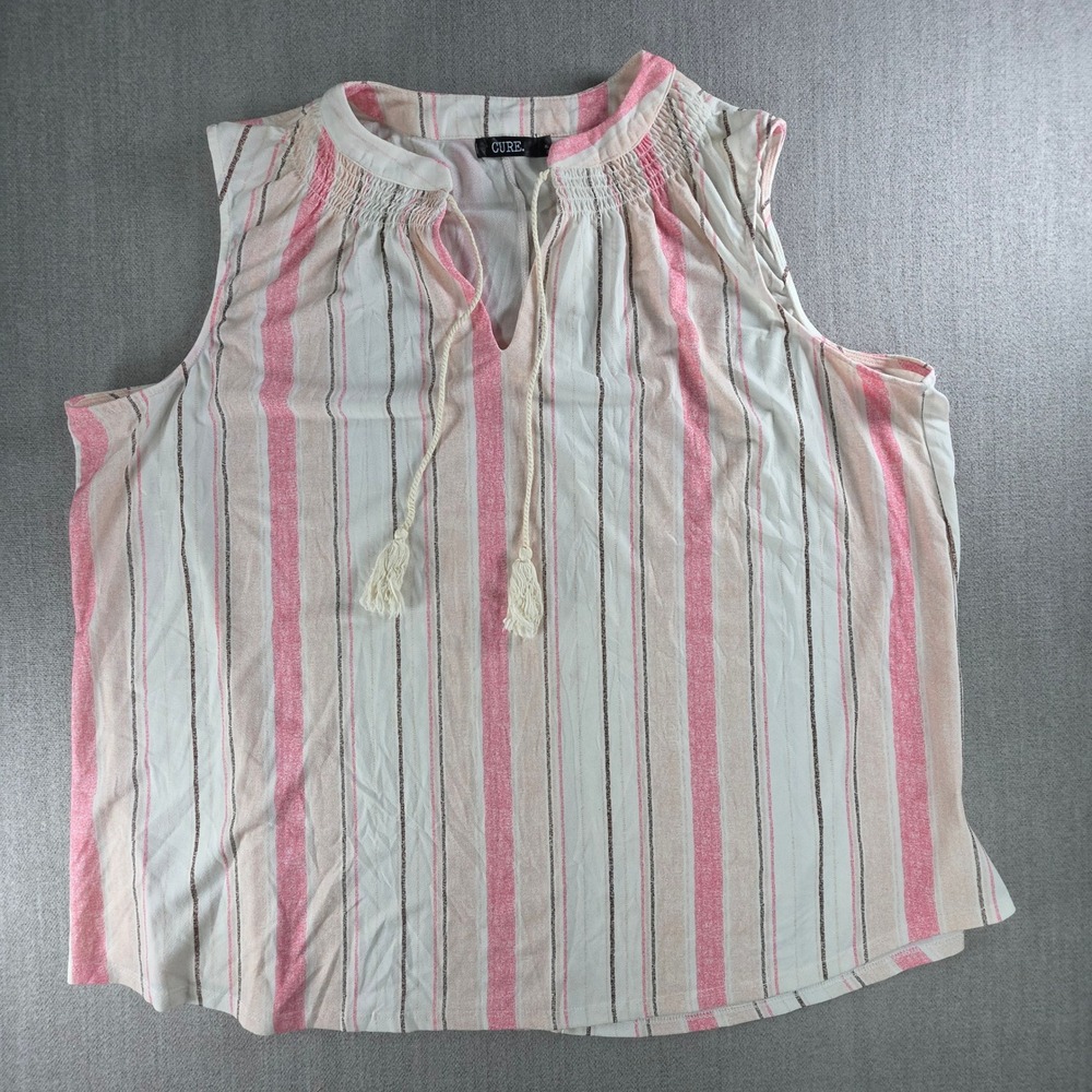 CURE. Sleeveless Blouse Women 3XL Pink Striped Boho Tassel Smocked Top